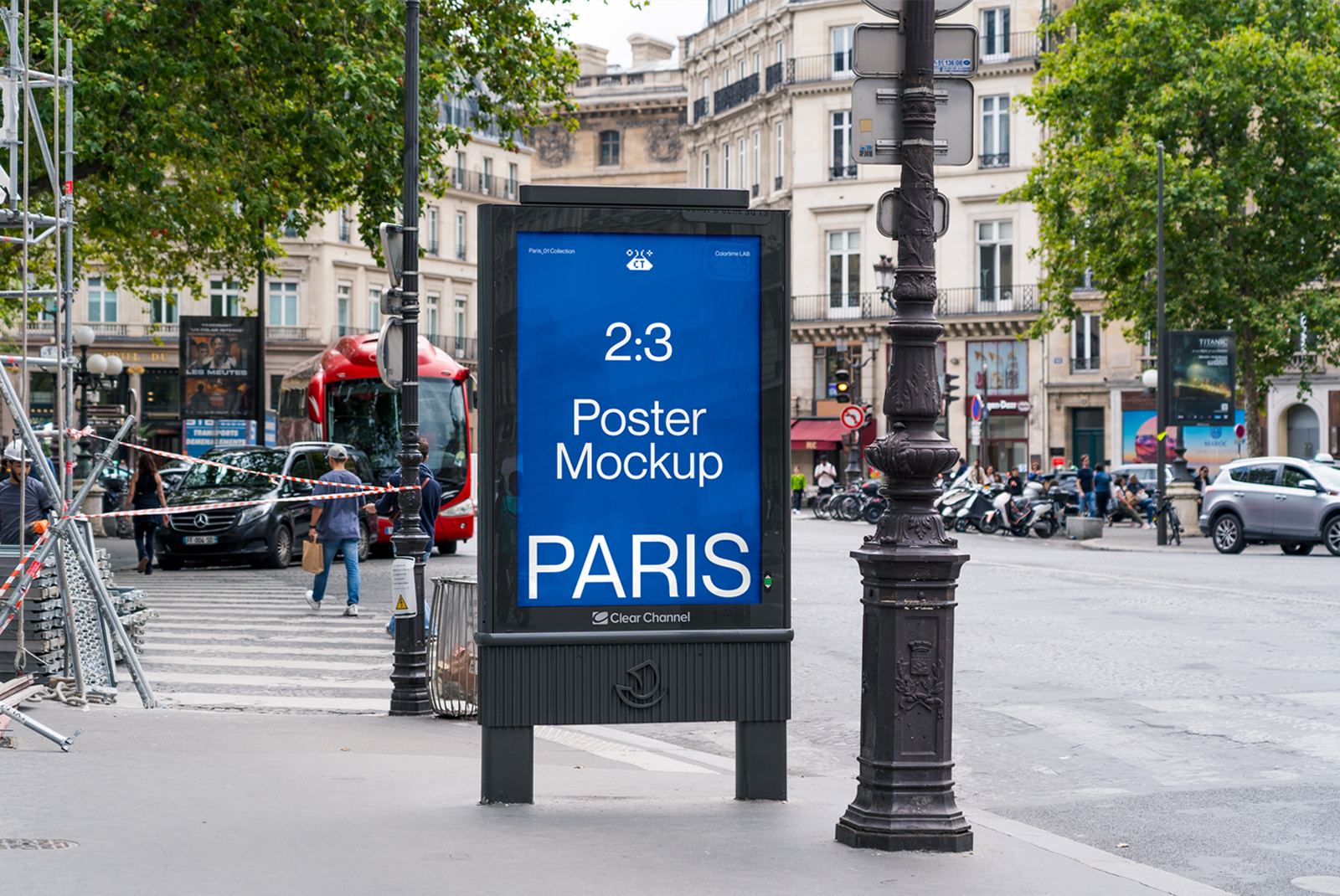 Urban poster mockup on a city street for display advertising presentation, surrounded by everyday street scenery with pedestrians and vehicles.